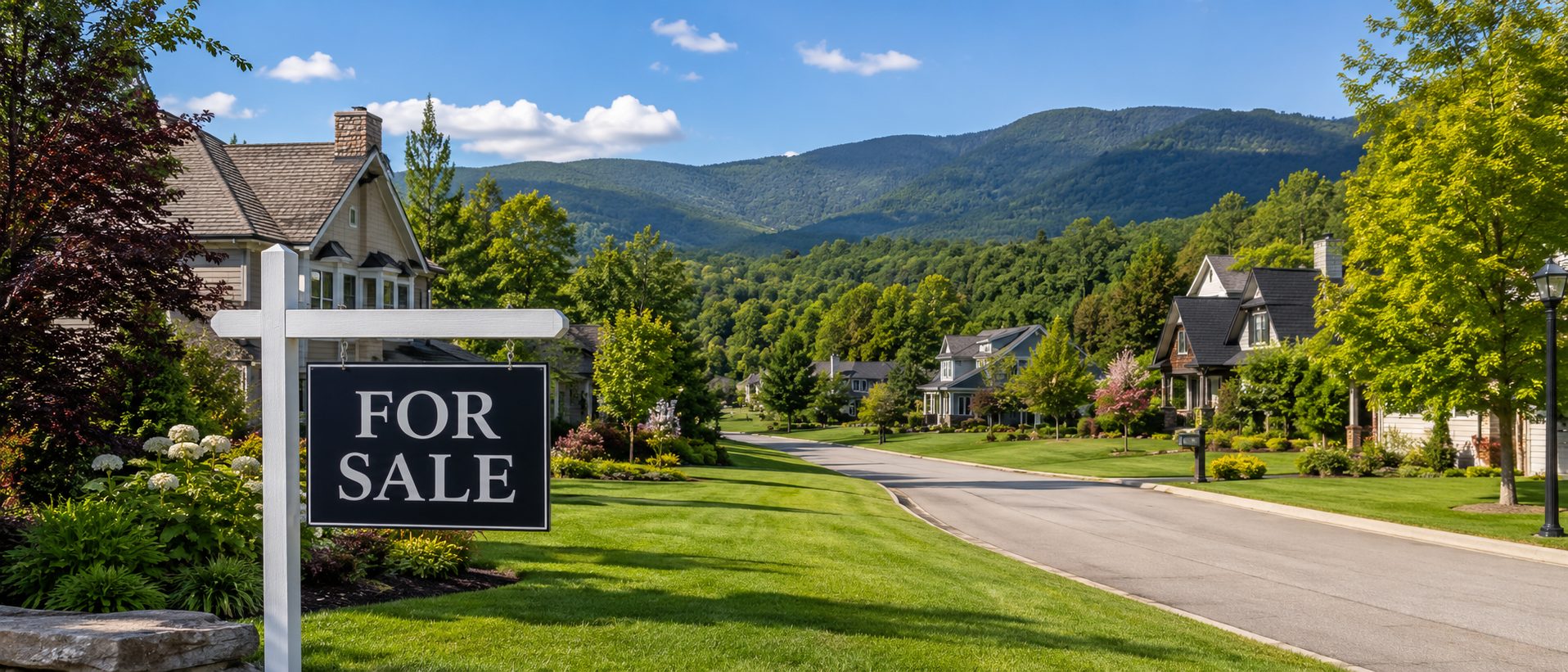 Real estate for sale sign in a quiet Western North Carolina neighborhood.