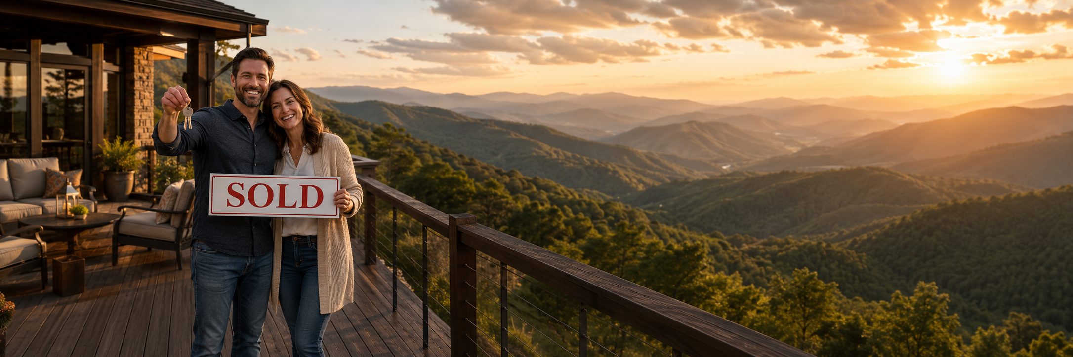 New homeowners celebrating a WNC real estate purchase on a scenic deck.
