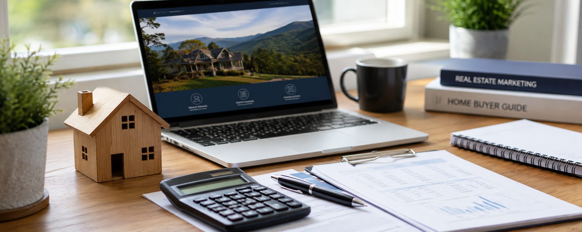 Mortgage planning and real estate financial research tools on a desk.